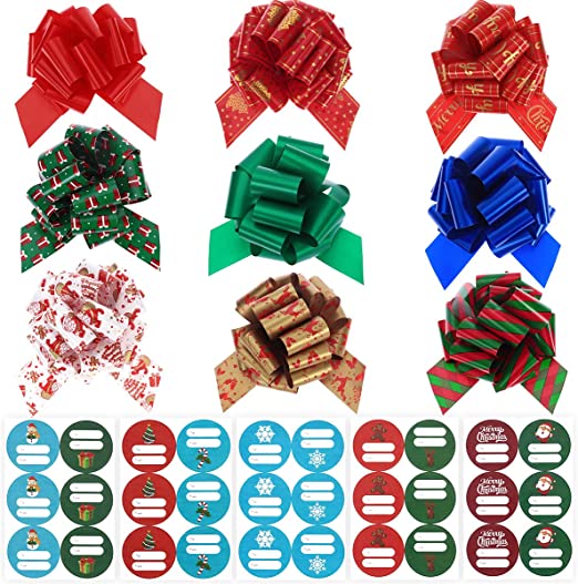 TOYMYTOY Bows Ribbons 9PCS Gift Wrap Pull Bows with 90PCS Self Adhesive Tag Stickers Christmas Bows Assortment