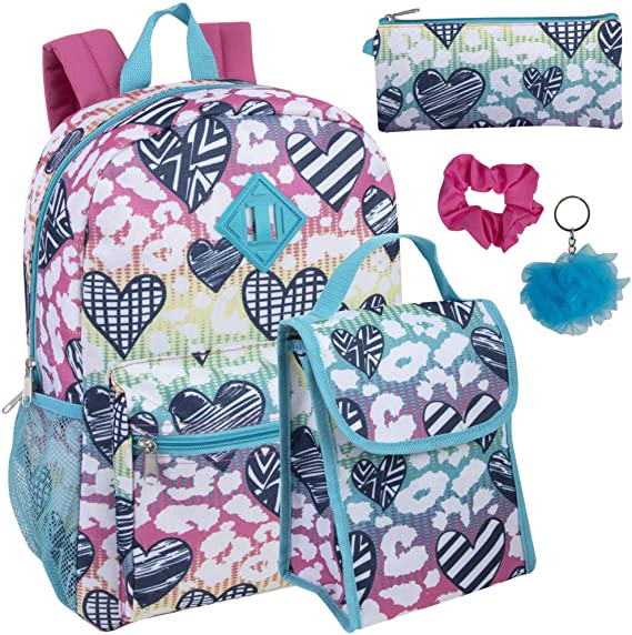 Girl's 6 in 1 Backpack Set With Lunch Bag, Pencil Case, Keychain, and Accessories