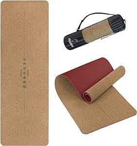 ALPIDEX Kork Yogamatte 183 x 61 x 0.6 cm Fitness Pilates Matte Schadstofffrei Rutschfest Tragetasche Hilfslinien Natürlicher Kork Yoga Mat