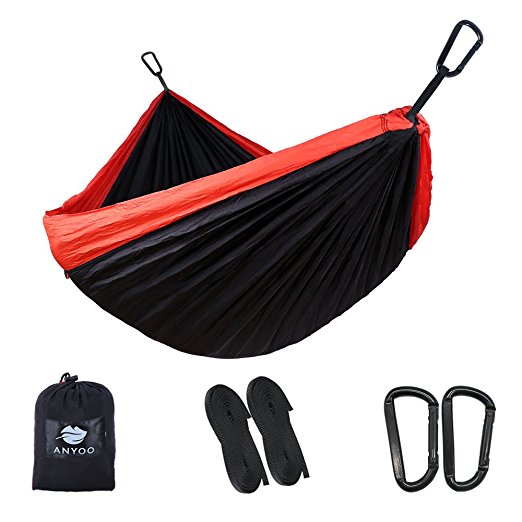 Anyoo Ultra-Light Strong Camping Hammock | Multiple-use Easy to Carry Nylon Parachute Fabric 2 x Premium Carabiners 2 x Nylon Straps Included | For Outdoor Indoor Garten