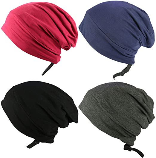 4 Pack Large Satin Lined Sleep Cap Bonnet Hair Cover Adjustable Night Hair Cap Slouchy Beanie Hat for Night Sleeping (Black, Gray, Navy Blue, Wine Red)