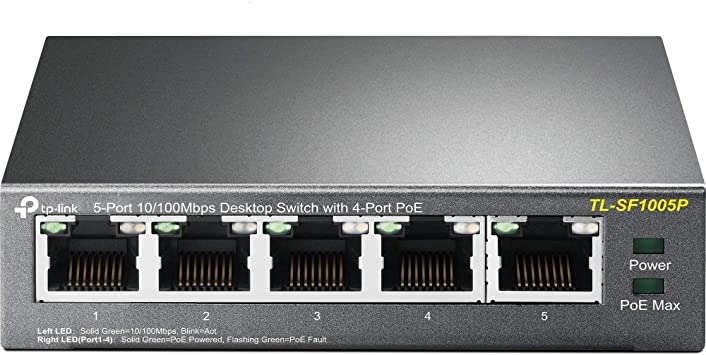 TP-Link TL-SF1005P 5-Port 10/100 Mbps Ethernet PoE Switch (4 PoE Ports, 58 Watt Budget, No Configuration Required)