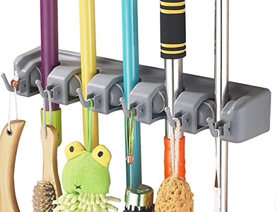 Mop and Broom Holder - 5 Position and 6 Hooks Wall Mounted Organizer / Garden Tool Storage / Great Use For Home, Closet, Garage and Shed / Tool Rack.