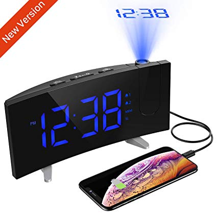 PICTEK Projection Alarm Clock, 5'' Dimmable LED Curved Screen, Adjustable Ceiling Sleep Timer for Kids Bedrooms, FM Radio, 12/24 Hour, Snooze Function, USB Charging, Blue