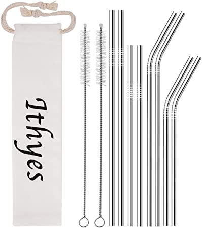 Ithyes 8 Pack Reusable Metal Straws Long Stainless Steel Straws Drinking Straw for 20/30 oz Tumblers with Travel Case & 2 Cleaning Brushes,10.5"/8.5"(Silver)