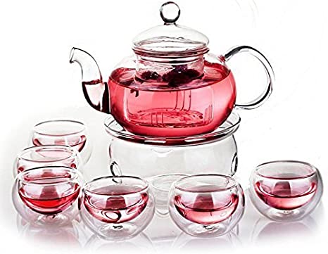 Lebather Glass Teapot with Warmer 6 Double Layer Tea Cups Set Heat Resistant Explosion-proof Transparent Tea Services Set, 20 OZ