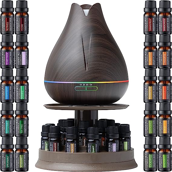 Aromatherapy Essential Oil Diffuser Gift Set with 20 Oils and Rotating Display Stand - 400ml Ultrasonic Diffuser with 10 Essential Plant Oils - 4 Timer & 7 Ambient Light Settings