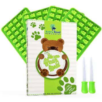 NEW Gummy Bear Mold - 4 PACK - 2 BONUS DROPPERS - RECIPE PDF 200 Bears on Trays - GIFT PACK Green Silicone Molds 100% Food Grade BPA Free and FDA Aproved LFGB & SGS Candy Chocolate & Gelatin Maker