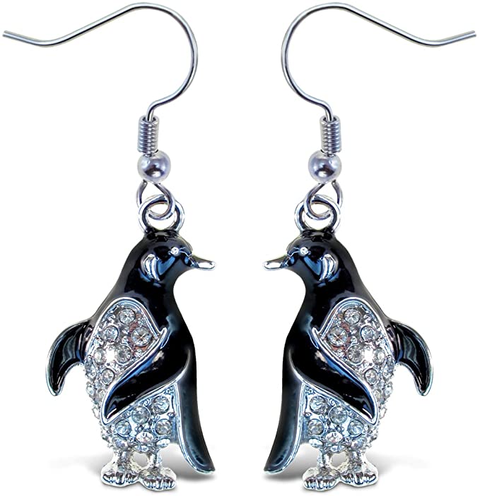 Puzzled Silver & Black Penguin Fish Hook Earrings, 1.5 Inch Fashionable & Elegant Jewelry Rhinestone Studded Earring For Casual Formal Attire Marine Life Themed Girls Teens Women Fashion Ear Accessory