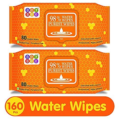 Beybee Hypoallergenic Baby Water Wipes for New Born Babies Sensitive Skin, 80 Wipes (Pack of 2)