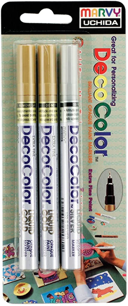 Uchida of America 1234-3C DecoColor Extra Fine Point Pen, Silver/Gold, 3-Pack