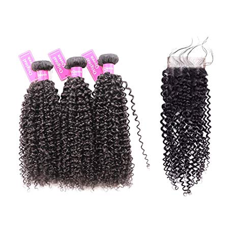 Original Queen 100% Brazilian Unprocessed Virgin Kinky Curly Human Hair Weave 3 Bundles With Closure Deep Curly Hair Extensions Mixed Length 16 18 20inches With 16inches Free Part Closure
