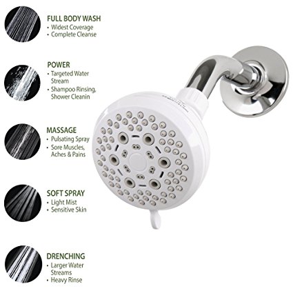 SimplyClean Fixed Shower Head Fixture - Brilliance, White, 6 Spray Settings