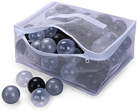 PlayMaty Colorful Pit Balls Phthalate Free BPA Free Plastic Ocean Balls Crush Proof Stress Black Silver Transparent Balls for Kids Playhouse Pool Ball Pit Accessories Pack of 70 …