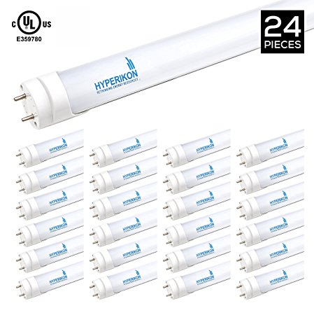 Hyperikon T8 T10 T12 LED 4FT Tube Light, 18W (40W-50W Equiv.), Ballast Bypass, Shatterproof, F48T8 Fluorescent Replacement, 2240 Lumens, 5000K, Frosted, Garage, Warehouse - 24 Pack w/ LED Lamp Holders