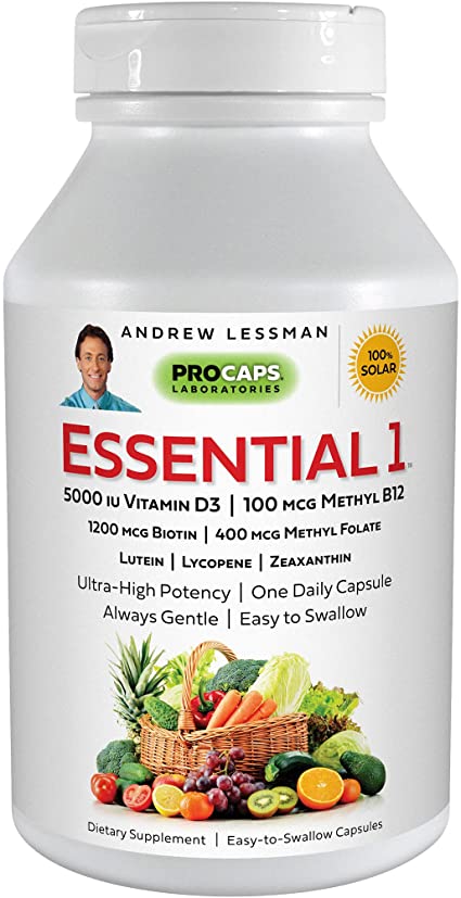 Andrew Lessman Essential-1 Multivitamin 5000 IU Vitamin D3 30 Small Capsules – 100 mcg Methyl B12. Lutein Lycopene Zeaxanthin. 24  Nutrients. High Potency. No Additives. Ultra-Mild Only One Cap Daily