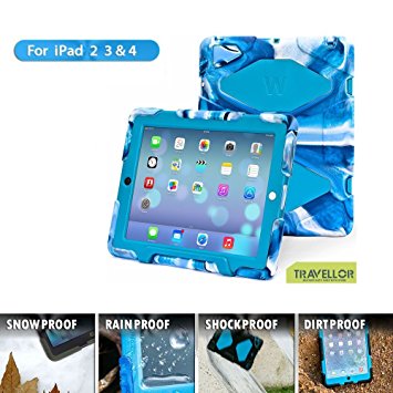iPad Cases,iPad 2 Case,iPad 3 Case,iPad 4 Case,TRAVELLOR[Heavy Duty]hree Layer Armor Defender And Full Body Protective Case Cover With Kickstand And Screen Protector for iPad 2/3/4-Camo Blue/Blue