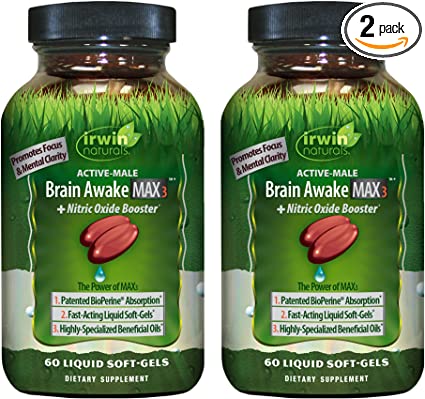 Irwin Naturals Brain Awake Max3   Nitric Oxide Booster - 60 Liquid Soft-Gels, Pack of 2 - Support Brain Health & Optimize Performance - 40 Total Servings