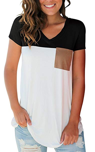 Smalovy Women's Tops Short Sleeve V Neck T Shirts Summer Basic Tees with Pocket