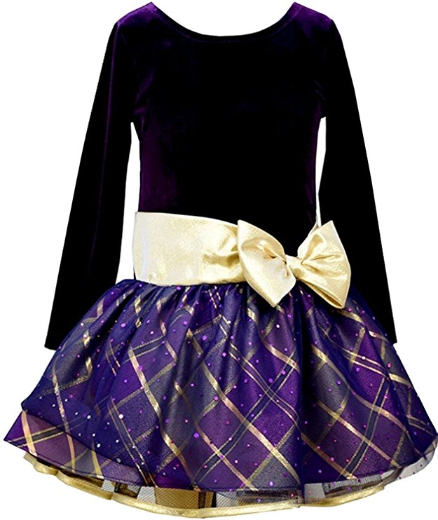 Bonnie Jean Big Girls' Purple Bodice Plaid Hipster Dress with Gold Bow