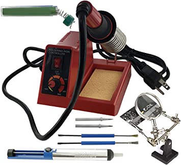 MIYAKO USA 48W Temperature Controlled Soldering Station Kit with Magnified Helping Hand, Solder Pump, Soldering Wire, Multitools and Extra Tips 74BKIT-140