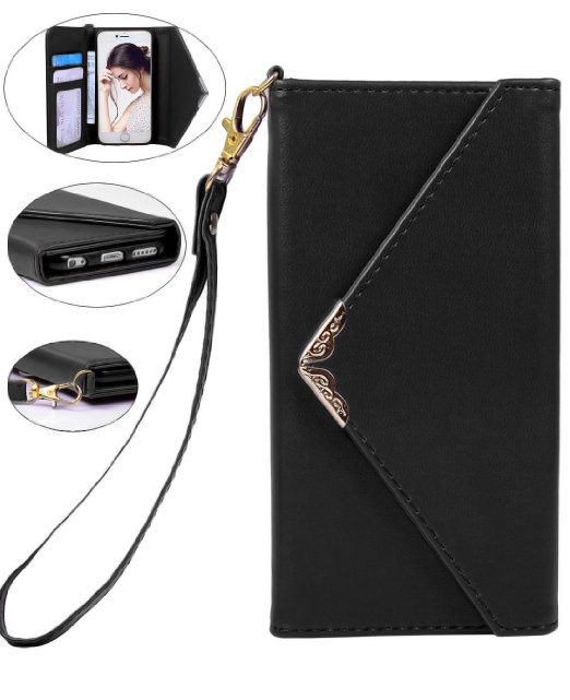 Iphone 6 Wallet Case Crosspace iphone 6s Envelope Flip Handbag Shell Women Wallet PU Leather Magnetic Folio Cover Cases with Credit Card ID Holders Wrist Strap for Apple Iphone 66s 47inch-Black
