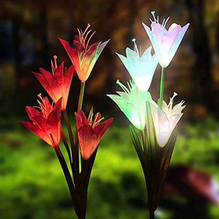 Solar Garden Stake Lights-Solar Lights Outdoor Decorative, 2 Pack Multi-color Changing Solar Powered Led Lights with 8 Lily Flower for Garden, Patio, Yard, Backyard Decorations(Purple and White)