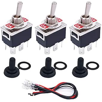 TWTADE 3 Pcs Toggle Rocker Switches ON/ON 6 Pin 2 Position Latching DPDT Heavy Duty 16A 250VAC Spade Terminal Metal Bat Switch with Waterproof Boat Cap and 6.3mm Terminal Wires TEN-1321MZX-B202