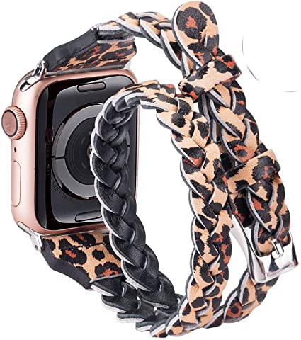 Moolia Double Leather Band Compatible with Apple Watch 42mm 44mm 45mm, Women Girls Woven Slim Leather Watch Strap Double Tour Bracelet Replacement for iWatch SE Series 7 6 5 4 3 2 1 Leopard