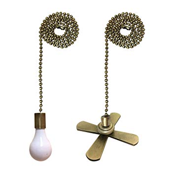 Royal Designs FP-1001-2-A-B Metal Fan and Light Bulb Pull Chain, Antique Brass and White