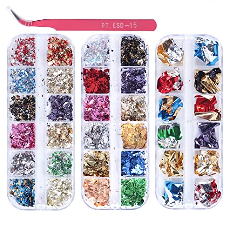 KISSBUTY 3 Boxes Foil Nail Chip Glitter Nail Foil Paillette Nail Foil Flakes for Nail Art Design Decoration Colorful Foils Manicure with 1 Pc Tweezer (36 Colors Nail Foil Chip)