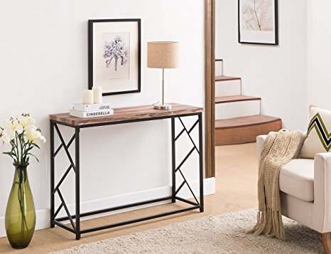 Reclaimed Weathered Oak Finish Top/Black Metal Frame 2-tier Sofa Console Table with Abstract Side Design 44.5" W