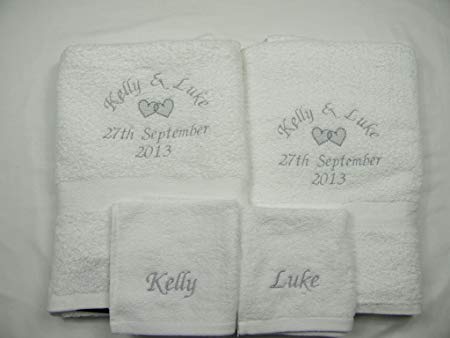 Giftsabc Personalised 4 piece towel set egyptian cotton white wedding anniversary engagement 2 hand and 2 face towels with heart design (white)