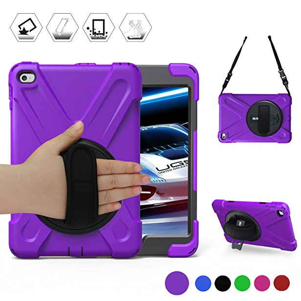 Ipad Mini4 Shockproof Case,BRAECN Three Layer Drop Protection Rugged Protective Heavy Duty IPad Case With a 360 Degree Swivel Stand/a Hand Strap and a Shoulder Strap For iPad Mini 4 Case (Purple)