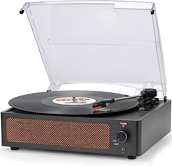 Vinyl Record Player with Speaker Vintage Turntable for Vinyl Records, Belt-Driven Turntable Support 3-Speed, Wireless Playback, Headphone, AUX-in, RCA Line LP Vinyl Players for Sound Enjoyment Black