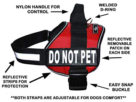 DO NOT PET Dog Vest Harness with Removable Patches and reflective trim. Comes with 2 DO NOT PET reflective removable patches. Please measure dogs girth before purchase