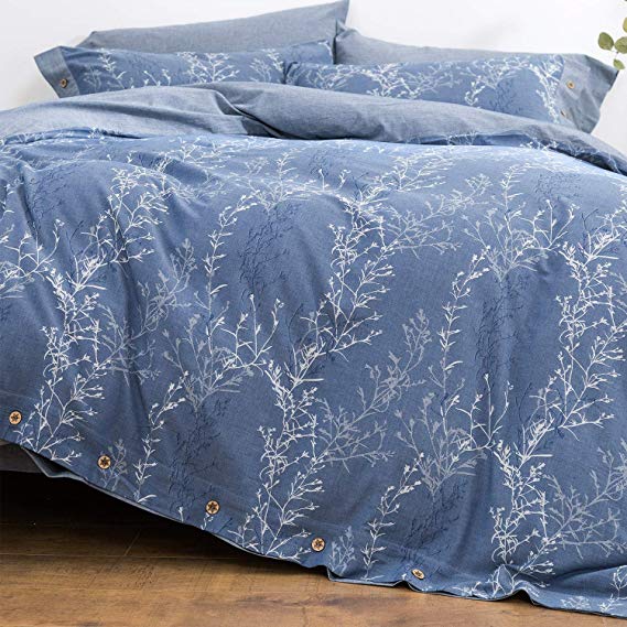OREISE Duvet Cover Set King Size Washed Cotton Yarn, Jacquard Blue and White Thin Branch Pattern Floral Style 3Piece Bedding Set