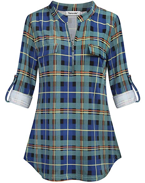 Tencole Women Rolled Sleeve Plaid Tunic Shirt Casual V Neck Zipper Front Blouse