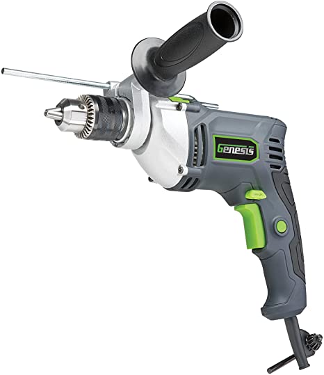 Genesis 1/2" Variable Speed Reversible Hammer Drill with Chuck Key, Side Control Handle, and Depth Gauge