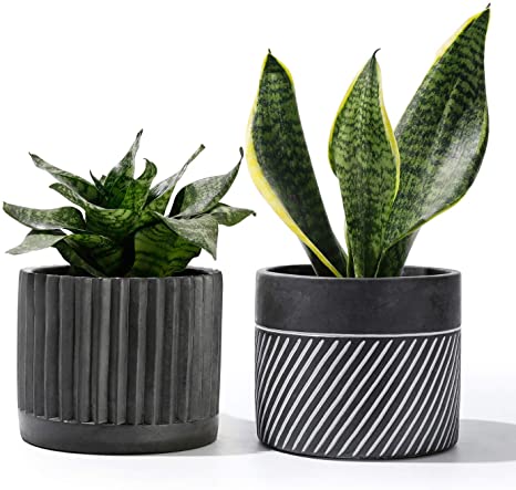 POTEY Cement Planter Flower Pot - 4.8 Inches Bonsai Containers Unglazed Medium for Indoor Plant with Drain Hole - Gray, Set of 2