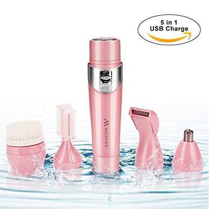 Miserwe 5 in 1 Womens Electric Razor Painless IPX4 Waterproof Bikini Trimmer Facial Brush with Cordless Rechargale USB Charging Nose Trimmer Eyebrow Trimmer Body Shaver Facial Shaver for Women