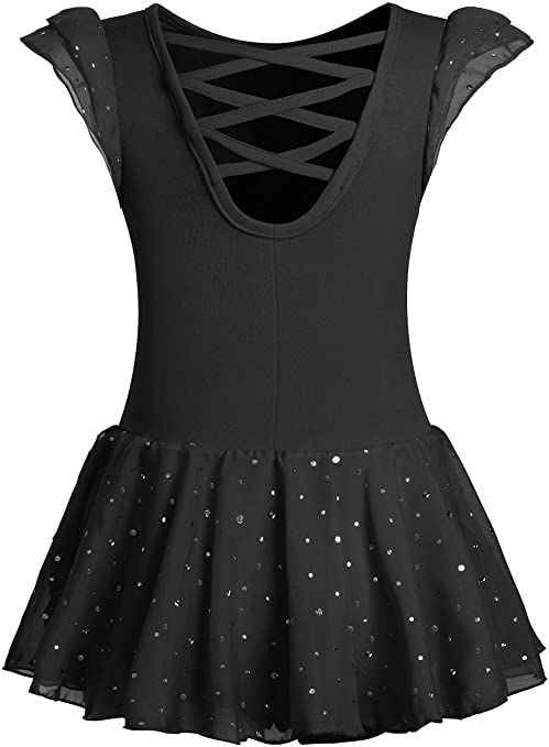 MOLLDAN Girls Dance Leotards for Ballet Dress Shiny Skirt Ruffle Sleeve Crisscross Back