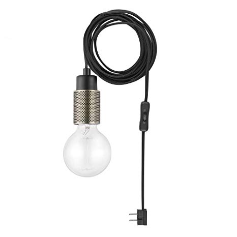 Globe Electric Finchley 1-Light Plug-In or Hardwire Pendant, Dark Bronze, Antique Brass Perforated Detail Socket, 15ft Black Cloth Cord, Vintage-Style Bulb Included 65981, 180"