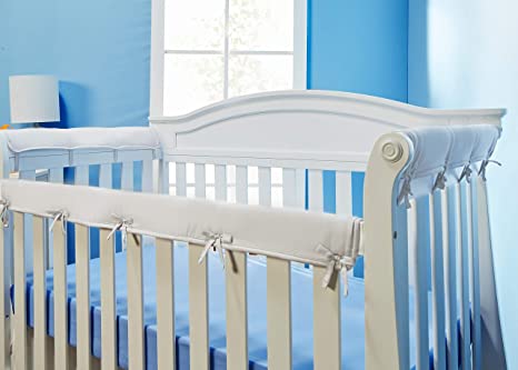 Everyday Kids Padded Baby Crib Rail Cover Set- Crib Rail Teething Guard - 3-Piece Front and Side Padded Rail Cover- with Sewn Ties for Secure Fit - White Soft Microfiber Polyester …
