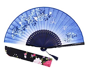 Amajiji Folding Fan, 8.27"(21cm) Women Hand Held Silk Folding Fans with Bamboo Frame, Hollow Carve Patterns Bamboo Frame Women Hand Folding Fans Hand Fan Folding Fan (Blue)