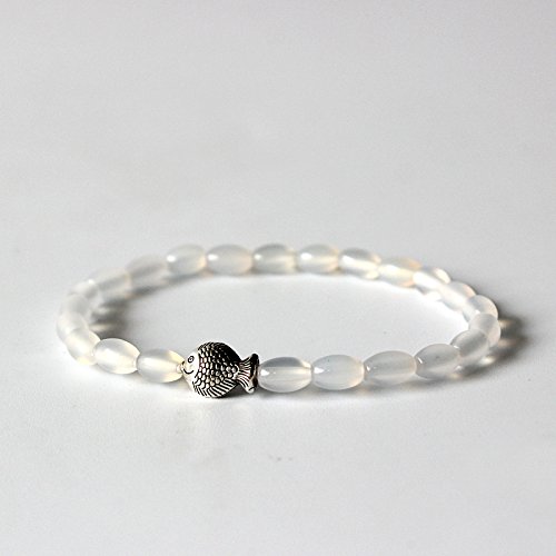 TALE Natural White Agate Rice Beads Chinese Traditional Lucky Fish Charm Bracelet For Women Men Lucky Jewlery