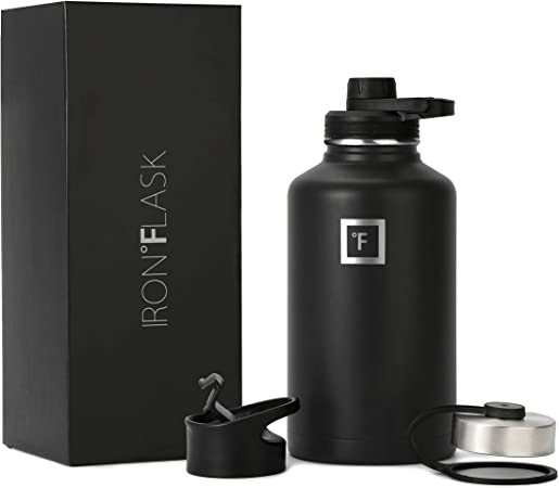 IRON °FLASK Sports Water Bottle - 64 Oz, 3 Lids (Spout Lid), Vacuum Insulated Stainless Steel, Hot Cold, Modern Double Walled, Simple Thermo Mug, Hydro Metal Canteen (Black)