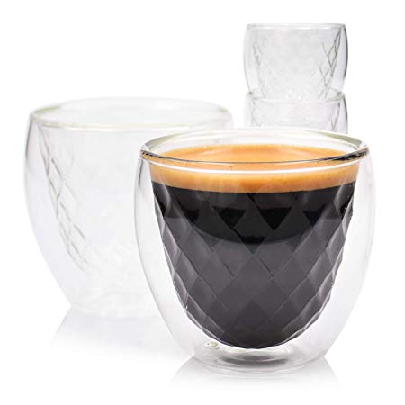 Premium DIAMOND EXCLUSIVE Espresso Cups Set Of 4 – 2.7oz Lead-Free Borosilicate Glass - Microwave Freezer Dishwasher Safe - Heat & Condensation Proof Double Walled Glass Mug Insulated Demitasse Glass