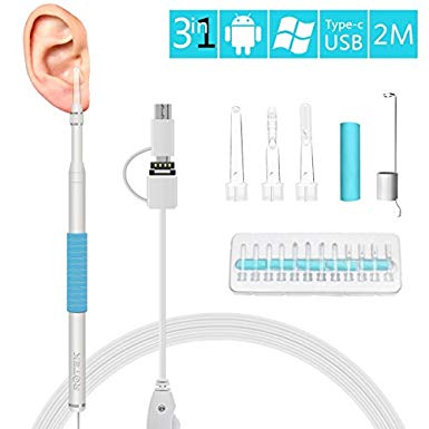 Ear Otoscope,ROTEK 1.3 Megapixels 720P HD Ear Scope Inspection Camera, 3 in 1 USB Ear Digital Endoscope Earwax Cleansing Tool with 6 LEDs for Micro USB,USB-C Android Phone,Windows MAC PC–6.5ft