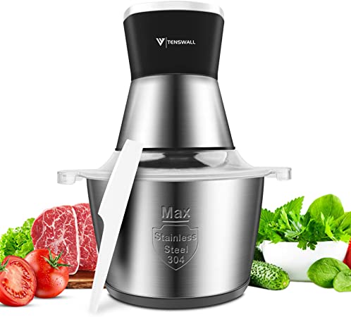 Food Processor, Tenswall Mini Chopper with 2.0L Stainless Bowl, 4 Bi-Level Blades, 2 Speed, 350W, for Meat, Onion, Vegetables